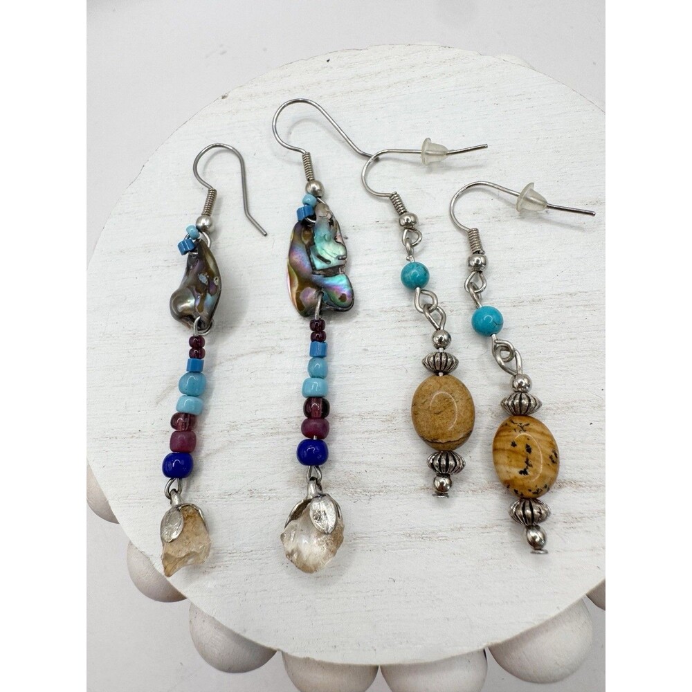 2 Pairs Stone Stacked Bead Dangle Vtg Earrings Quartz Jasper Abalone Turquoise